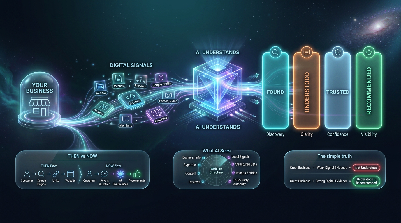 Diagram showing how a business's digital signals flow through AI understanding to become found, trusted, and recommended